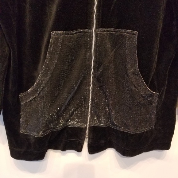 Vintage 90's Black Velour Cardigan Shimmer Hooded Sweatshirt Size M - Picture 10 of 13